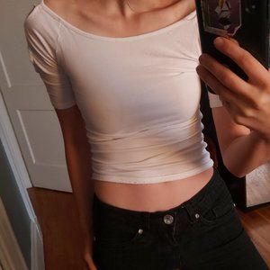 U2B white stretchy top criss cross shoulder